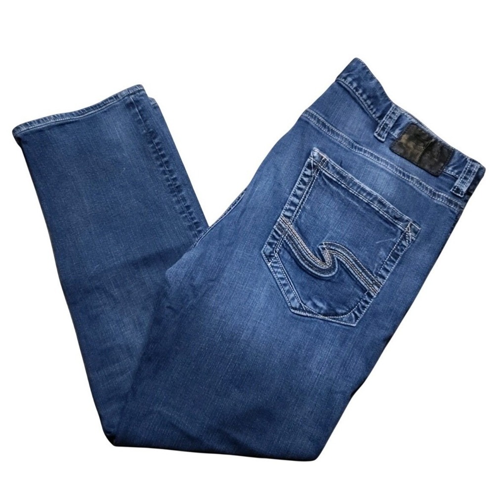 Silver Jeans Co Eddie Relaxed Tapered Mens 44x34 Blue Distressed Stretch Denim